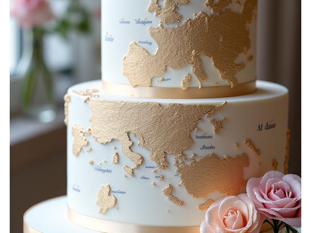 新婚旅行の地図イラストが描かれたウェディングケーキ